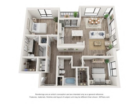 Floor plan for 2 beds, 2 baths, 1262 sqft